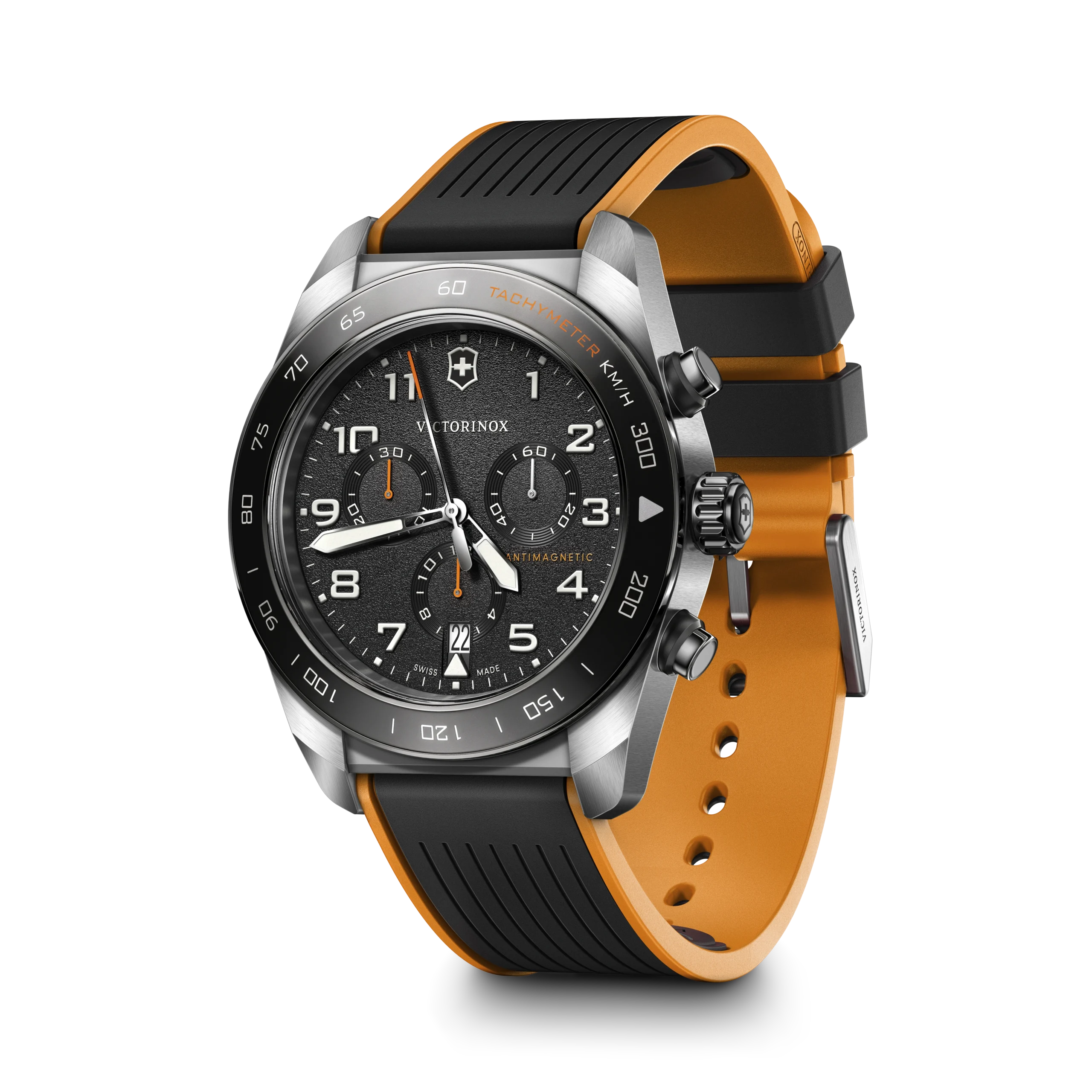 Victorinox Swiss Army Chronograph 42mm Black Dial Orange Rubber Tachymeter Men's Watch