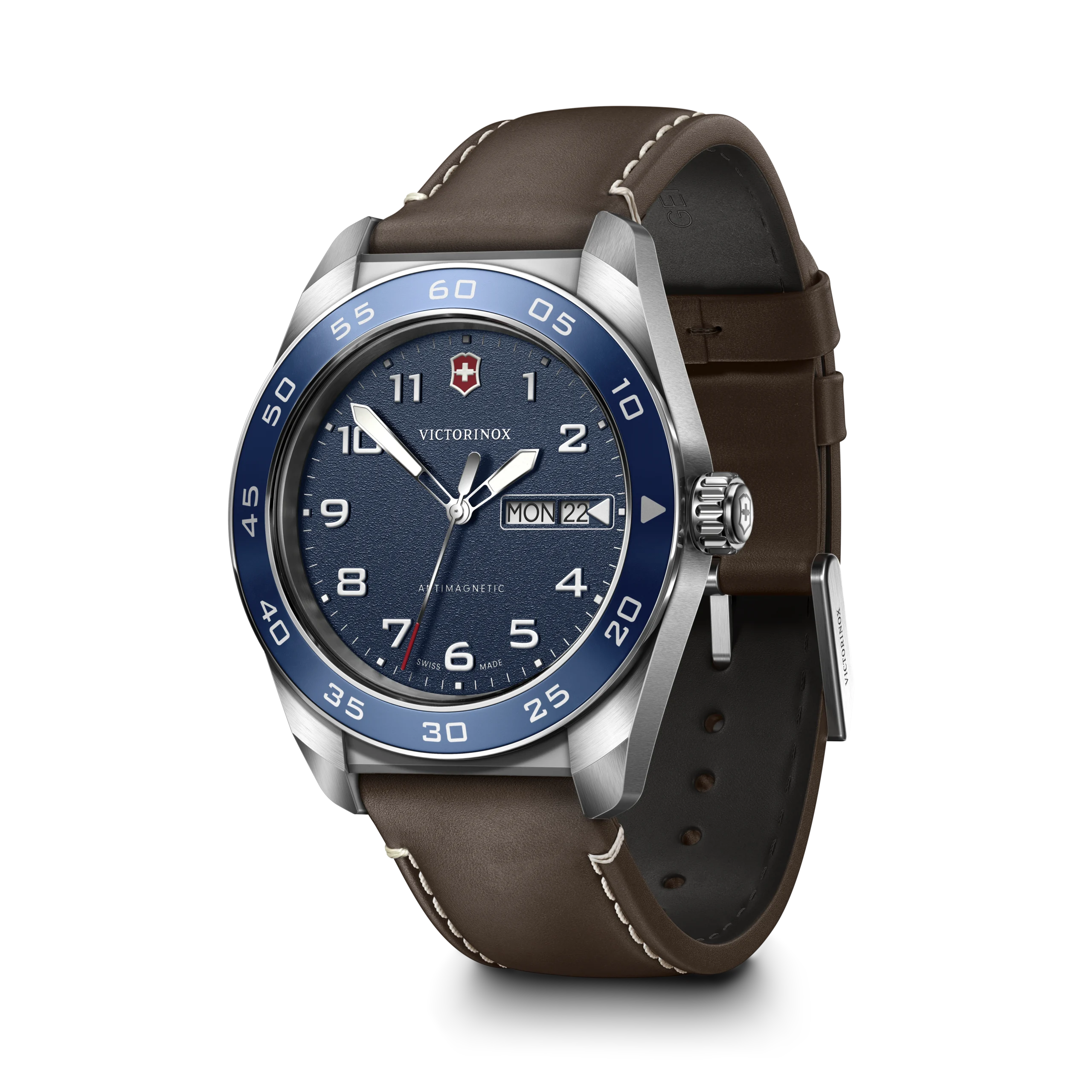 242040 Victorinox Swiss Army Quartz 42mm — Ronda 517, day and date, blue dial, brown leather, sapphire crystal, 100m. 5-Year Warranty+ from Sri Lanka's authorised Victorinox dealer.